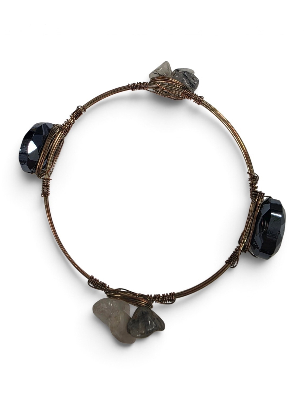 Handmade Wire Wrapped Bangle Bracelet Faceted Glass Crystals and Stone Chips